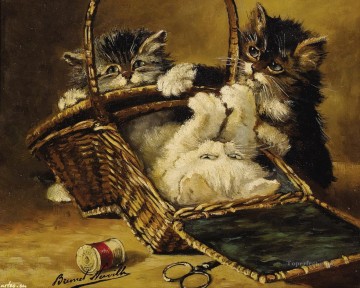 Cat Painting - kittens in a basket Alfred Brunel de Neuville